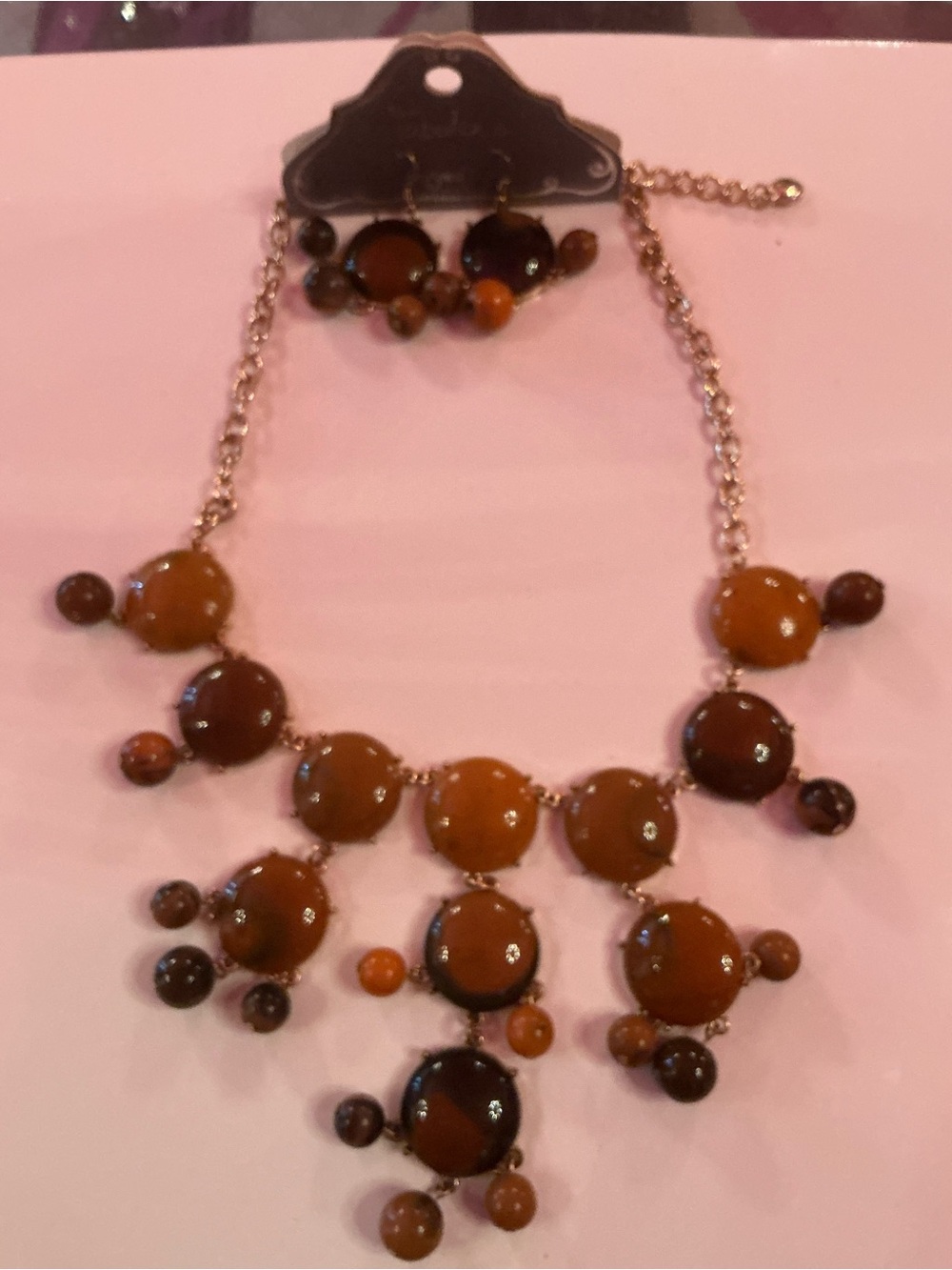 Gold-Tone Brown Bead Statement Necklace and Earring Set